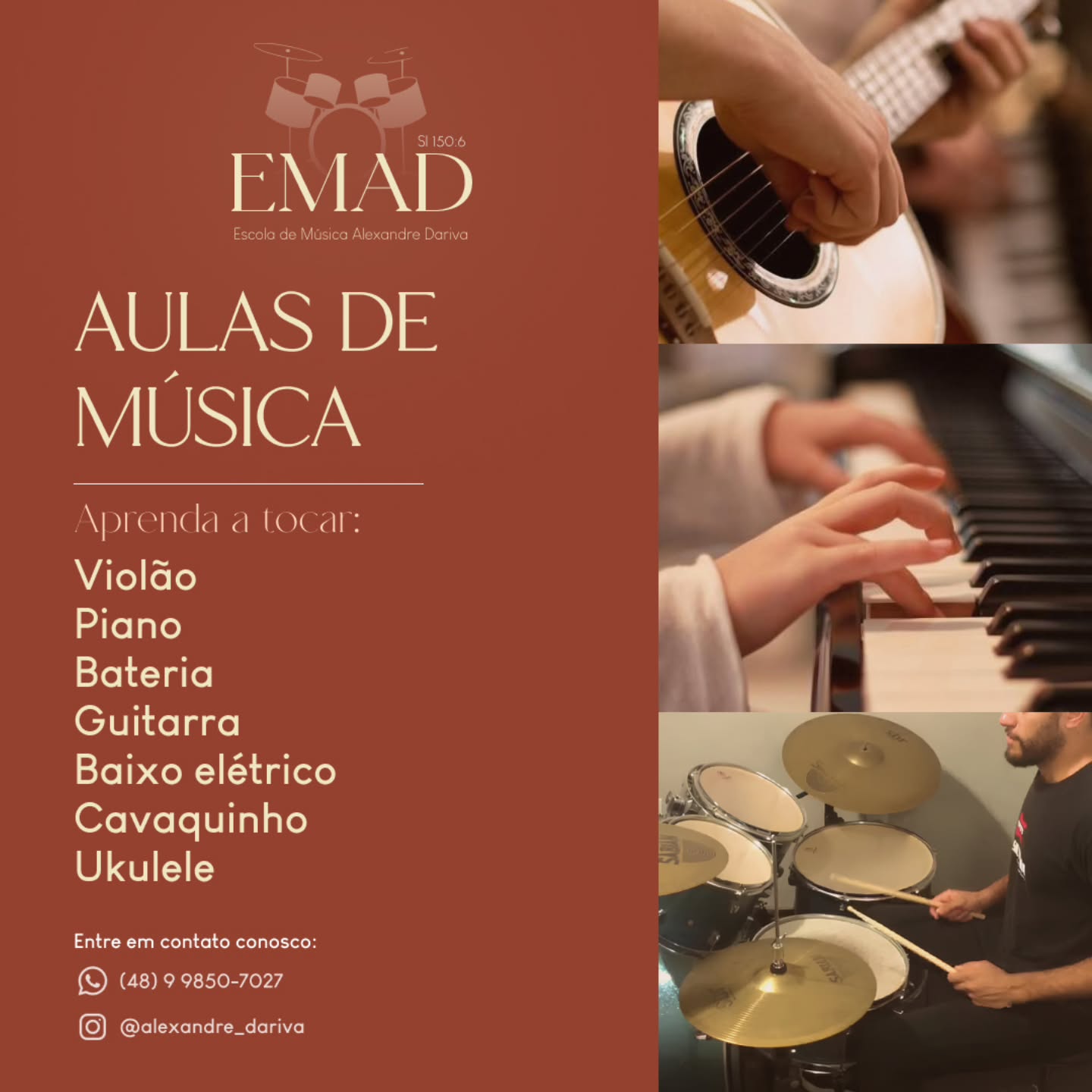 Colagem com violão, piano e bateria da EMAD
